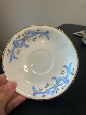 Bone China Saucer with Blue Ribbon October Daisy Pattern with Gold accents